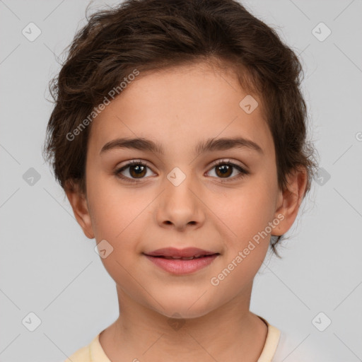 Joyful white child female with short  brown hair and brown eyes