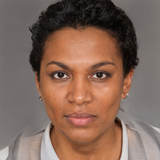Neutral black adult female with short  black hair and brown eyes