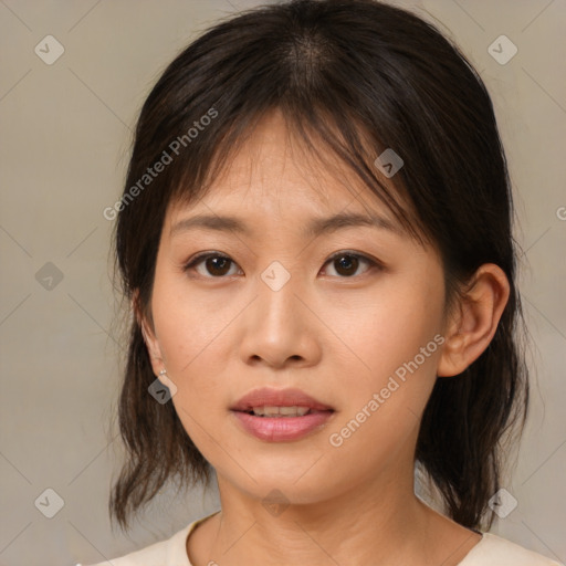 Neutral asian young-adult female with medium  brown hair and brown eyes