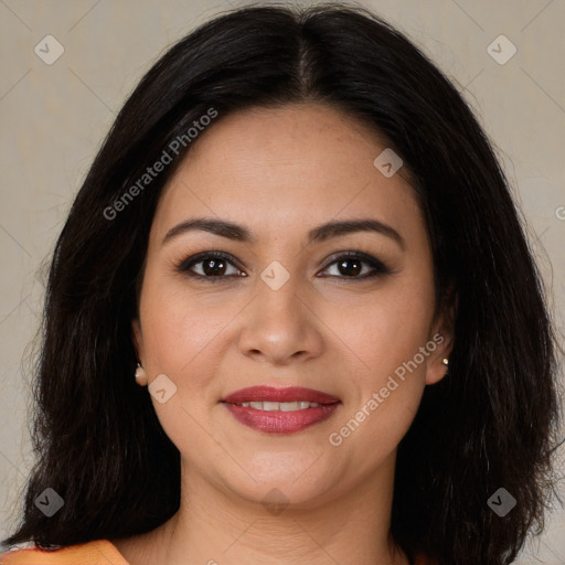 Joyful latino young-adult female with long  brown hair and brown eyes