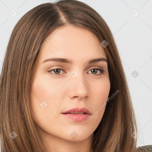 Neutral white young-adult female with long  brown hair and brown eyes