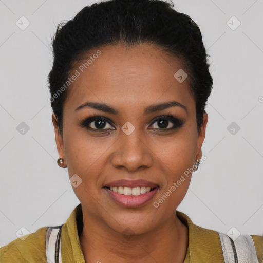 Joyful latino young-adult female with short  black hair and brown eyes