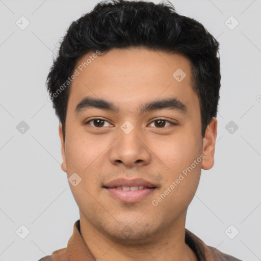 Neutral latino young-adult male with short  black hair and brown eyes