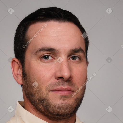 Neutral white young-adult male with short  brown hair and brown eyes