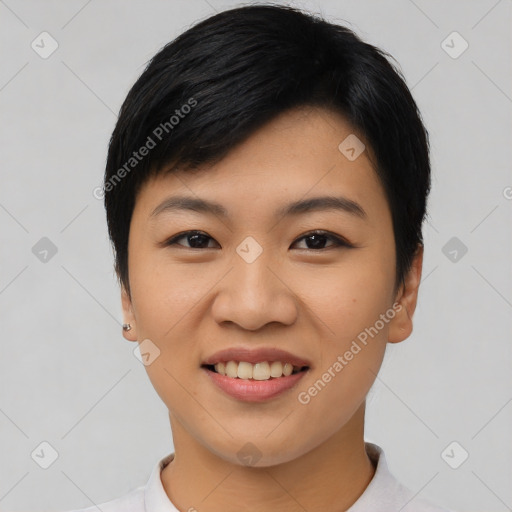 Joyful asian young-adult female with short  black hair and brown eyes