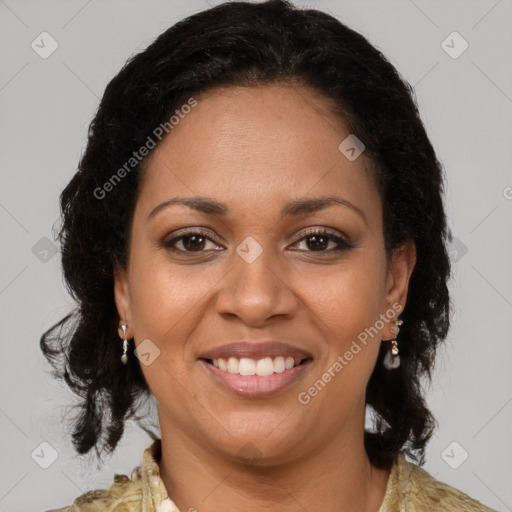 Joyful black young-adult female with medium  brown hair and brown eyes