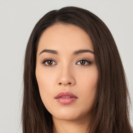 Neutral asian young-adult female with long  brown hair and brown eyes