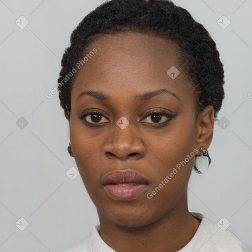 Neutral black young-adult female with short  black hair and brown eyes