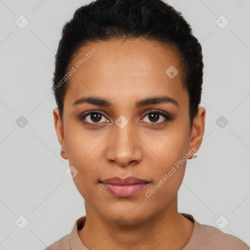 Joyful latino young-adult female with short  black hair and brown eyes