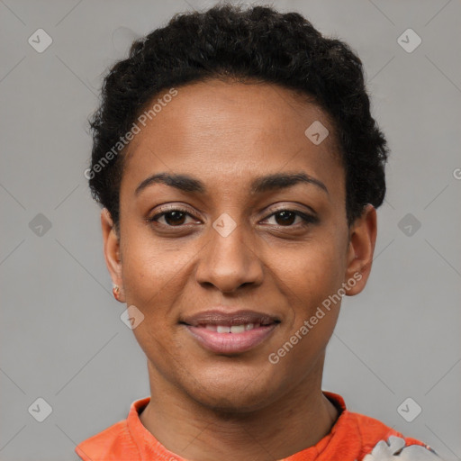 Joyful latino young-adult female with short  black hair and brown eyes