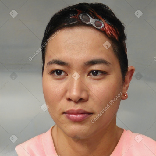 Joyful asian young-adult female with short  brown hair and brown eyes
