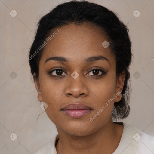 Neutral black young-adult female with short  black hair and brown eyes