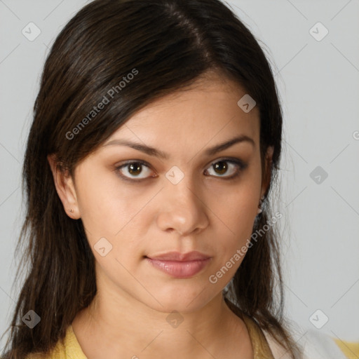 Neutral white young-adult female with medium  brown hair and brown eyes