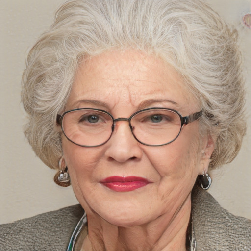 Joyful white middle-aged female with medium  gray hair and blue eyes