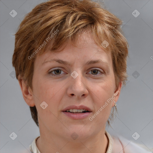 Joyful white adult female with short  brown hair and brown eyes