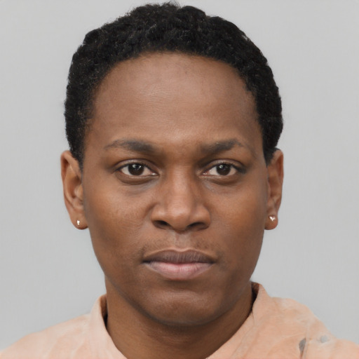 Neutral black young-adult female with short  black hair and brown eyes