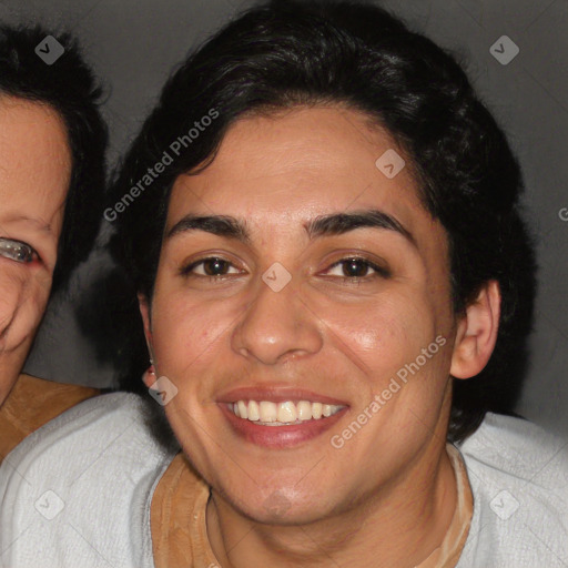 Joyful white adult female with short  brown hair and brown eyes