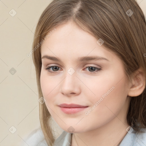 Joyful white child female with medium  brown hair and brown eyes