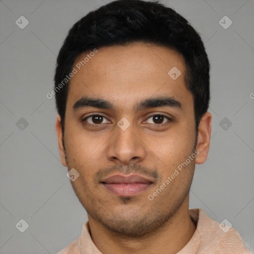 Neutral latino young-adult male with short  black hair and brown eyes