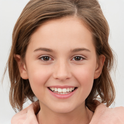 Joyful white child female with medium  brown hair and brown eyes