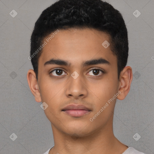 Neutral latino young-adult male with short  black hair and brown eyes