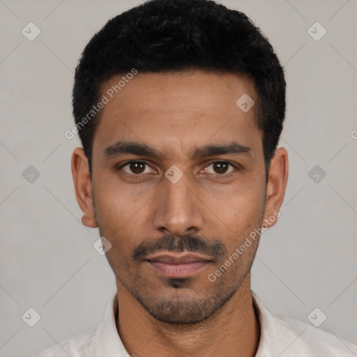 Neutral latino young-adult male with short  black hair and brown eyes