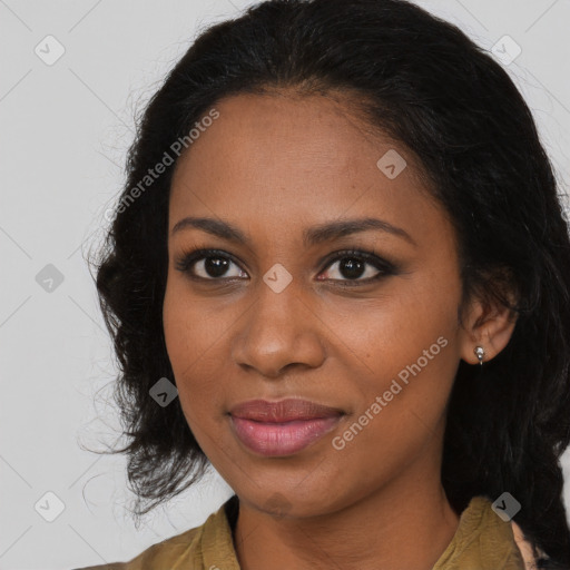 Joyful black young-adult female with medium  brown hair and brown eyes