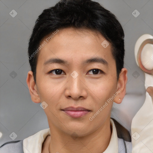 Joyful asian young-adult male with short  brown hair and brown eyes