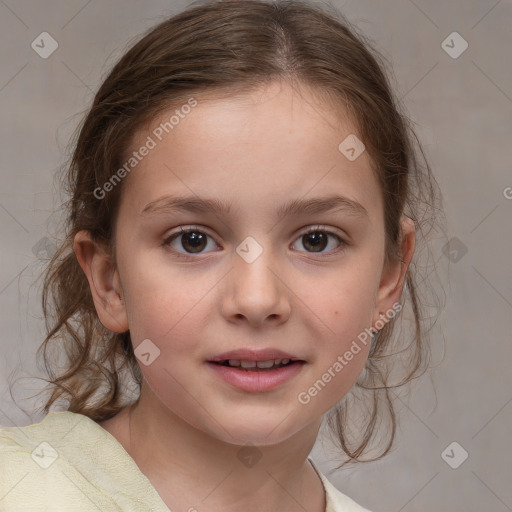 Joyful white child female with medium  brown hair and brown eyes