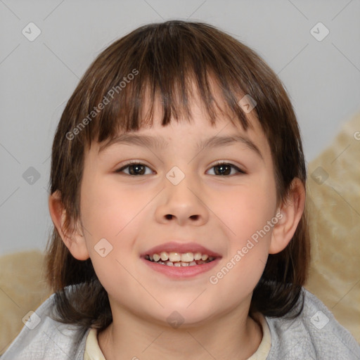 Joyful white child female with medium  brown hair and brown eyes