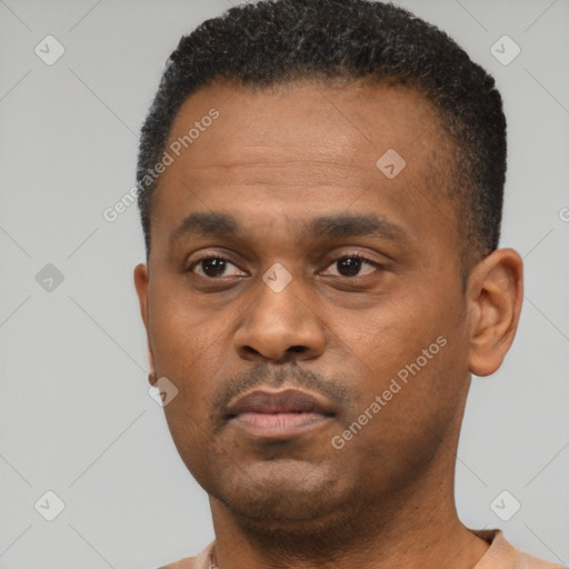 Neutral black young-adult male with short  black hair and brown eyes