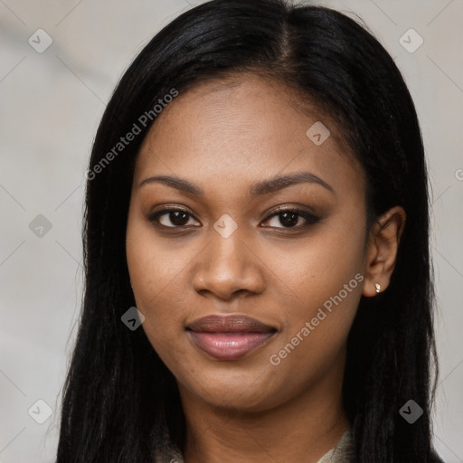 Joyful latino young-adult female with long  black hair and brown eyes