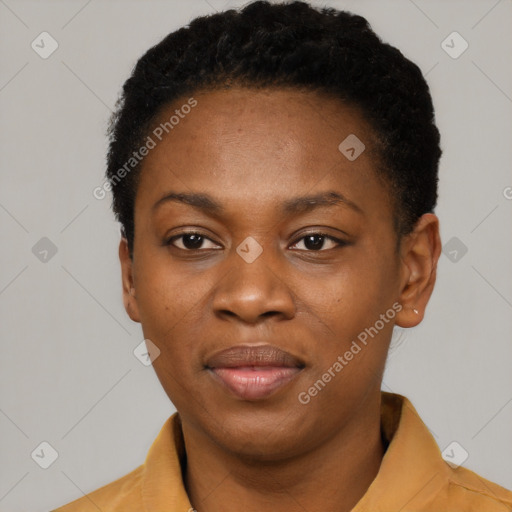 Neutral black young-adult female with short  black hair and brown eyes