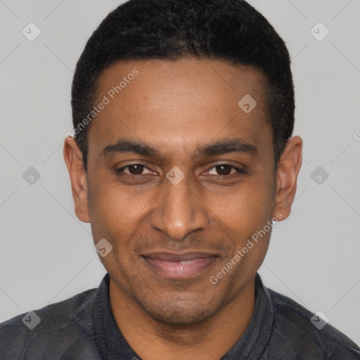 Joyful latino young-adult male with short  black hair and brown eyes