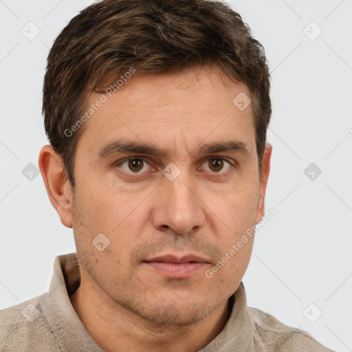 Neutral white adult male with short  brown hair and brown eyes