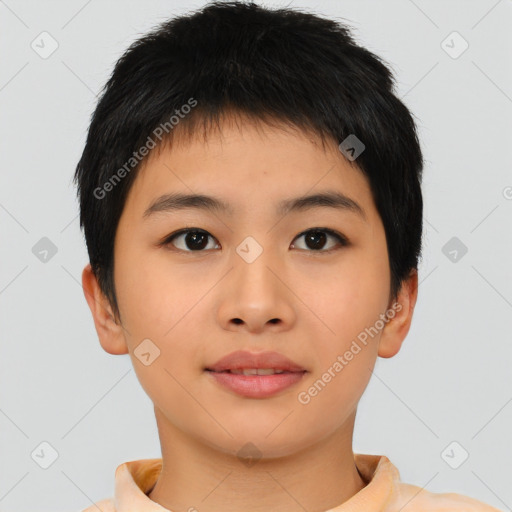 Neutral asian young-adult female with short  brown hair and brown eyes