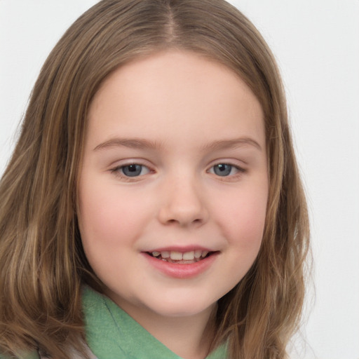 Joyful white child female with long  brown hair and brown eyes