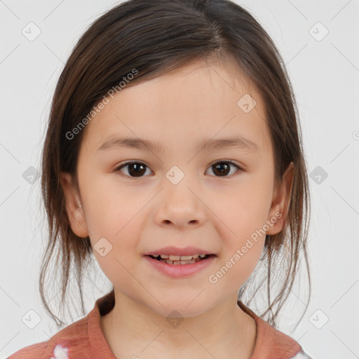 Joyful white child female with medium  brown hair and brown eyes