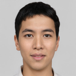 Neutral asian young-adult male with short  black hair and brown eyes