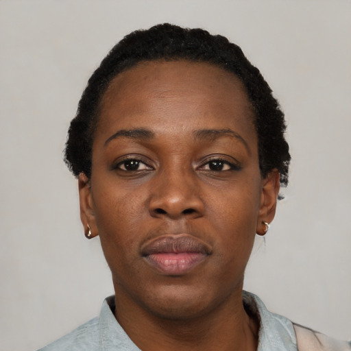 Neutral black young-adult female with short  black hair and brown eyes