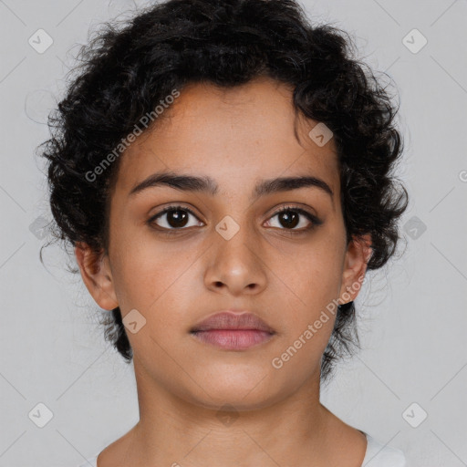 Neutral latino young-adult female with short  brown hair and brown eyes