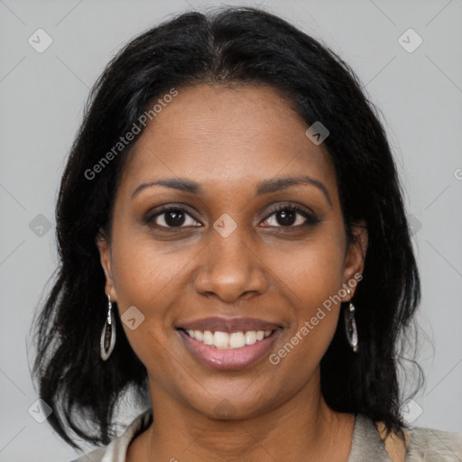 Joyful black young-adult female with medium  black hair and brown eyes