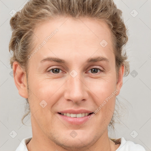 Joyful white adult female with short  brown hair and grey eyes