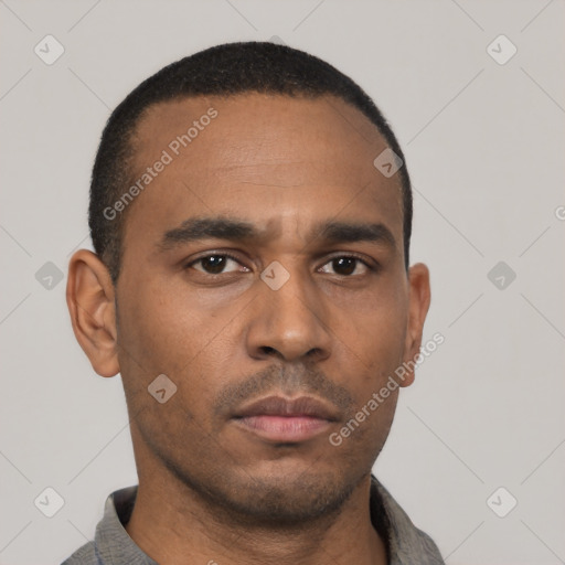 Neutral latino young-adult male with short  black hair and brown eyes