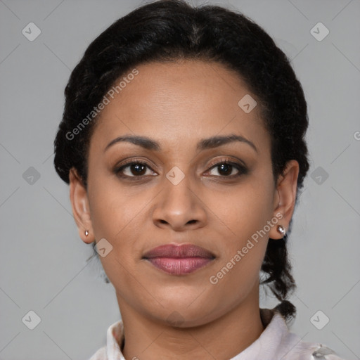 Joyful latino young-adult female with short  brown hair and brown eyes