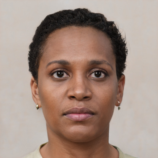 Neutral black young-adult female with short  black hair and brown eyes