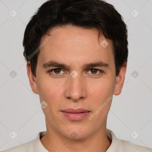 Neutral white young-adult male with short  brown hair and brown eyes