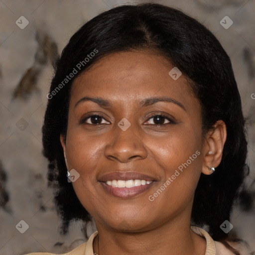 Joyful black young-adult female with medium  brown hair and brown eyes