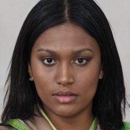 Neutral asian young-adult female with long  brown hair and brown eyes