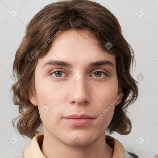 Neutral white young-adult female with medium  brown hair and grey eyes